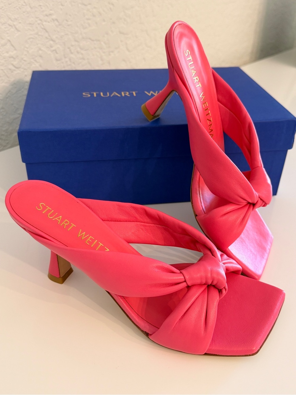Stuart Weitzman Playa75 Hot Pink Knotted Napa Leather Mules